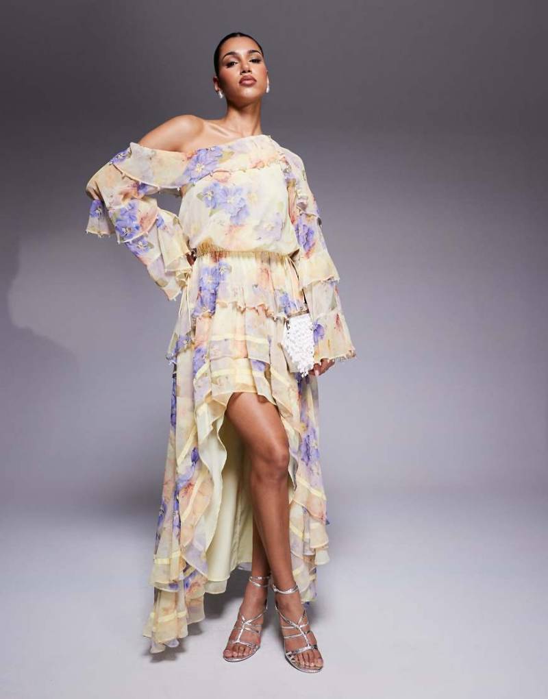 ASOS LUXE - Markantes Maxikleid aus Chiffon in Buttermilchgelb mit Perlenverzierungen und Blumenmuster-Bunt ASOS LUXE - Markantes Maxikleid aus Chiffon in Buttermilchgelb mit Perlenverzierungen und Blumenmuster-Bunt von ASOS LUXE