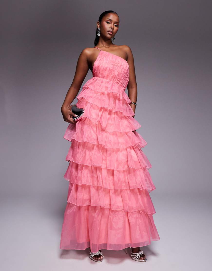 ASOS LUXE - Maxikleid aus Organza in Rosa mit asymmetrischem Rüschen-Design von ASOS LUXE