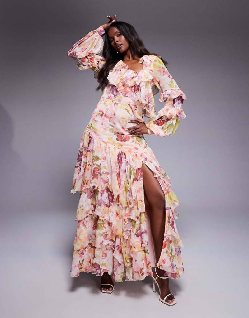 ASOS LUXE - Maxikleid aus Organza und Chiffon mit Vintage-Blumenmuster und asymmetrischer Verzierung-Gelb von ASOS Luxe