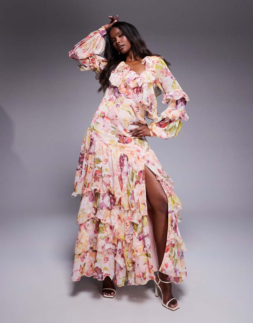 ASOS LUXE - Maxikleid aus Organza und Chiffon mit Vintage-Blumenmuster und asymmetrischer Verzierung-Gelb ASOS LUXE - Maxikleid aus Organza und Chiffon mit Vintage-Blumenmuster und asymmetrischer Verzierung-Gelb von ASOS LUXE