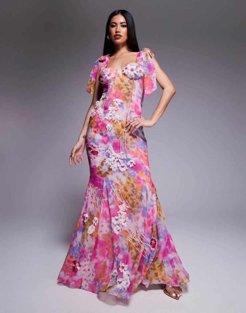 ASOS LUXE - Maxikleid mit Blumenmuster und Verzierung-Rosa von ASOS Luxe