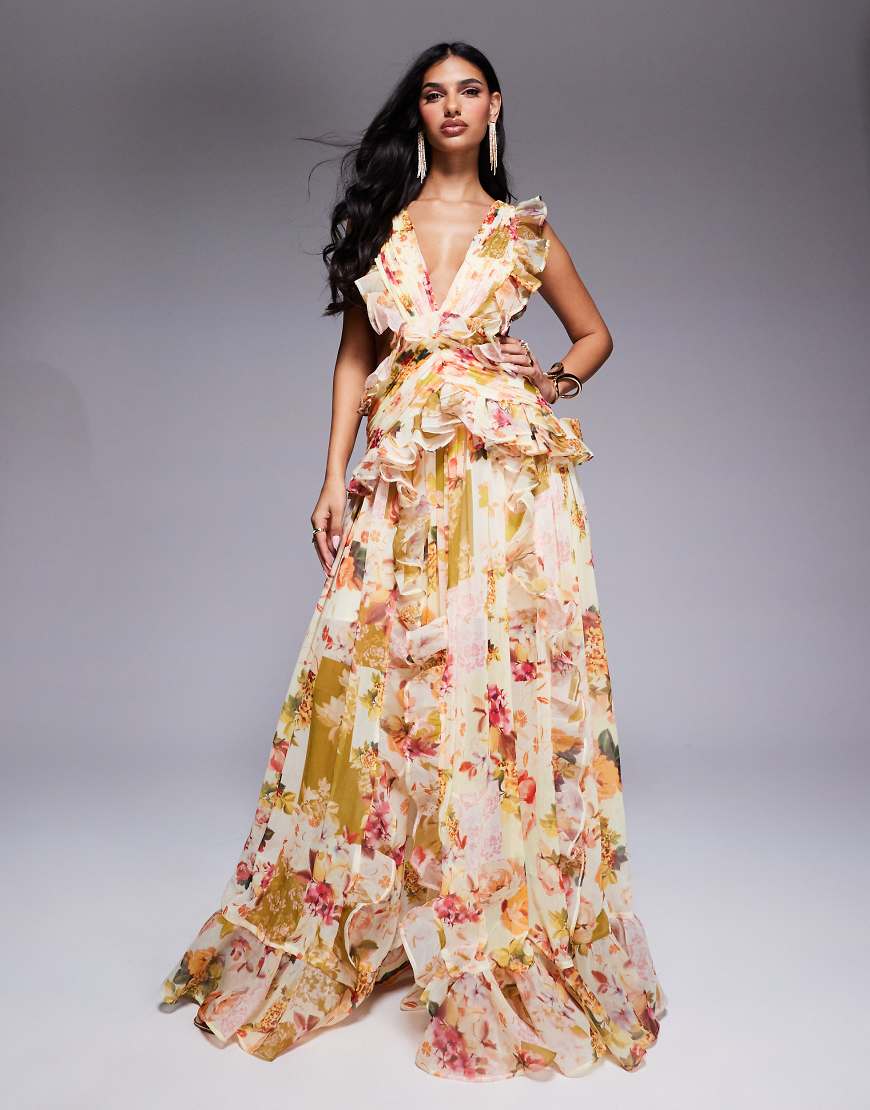 ASOS LUXE - Maxikleid mit Patchwork-Blumenmuster, tiefem Ausschnitt, gerafftem Chiffon-Detail und Rückenausschnitt-Bunt ASOS LUXE - Maxikleid mit Patchwork-Blumenmuster, tiefem Ausschnitt, gerafftem Chiffon-Detail und Rückenausschnitt-Bunt von ASOS LUXE