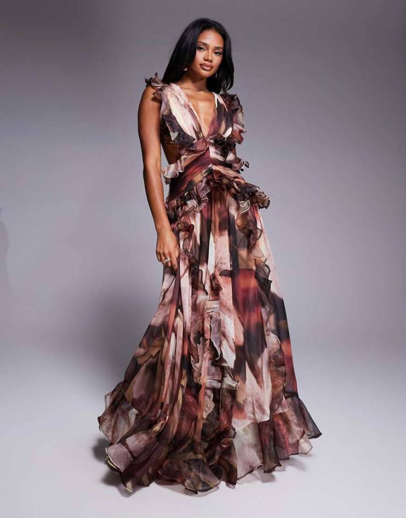 ASOS LUXE - Maxikleid mit braunem Blumenmuster, tiefem Ausschnitt, gerafftem Chiffon-Detail und Rückenausschnitt ASOS LUXE - Maxikleid mit braunem Blumenmuster, tiefem Ausschnitt, gerafftem Chiffon-Detail und Rückenausschnitt von ASOS LUXE