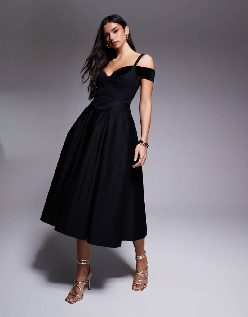 ASOS LUXE - Midikleid in Schwarz mit weitem Rock und Samteinsätzen von ASOS LUXE