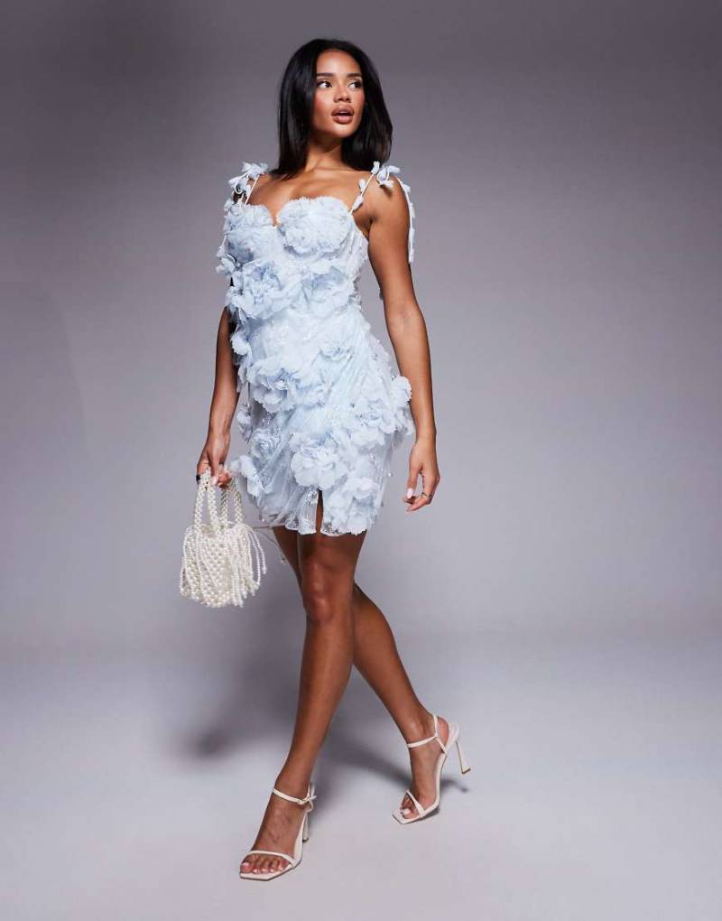 ASOS LUXE - Minikleid aus Spitze in Hellblau mit 3D-Blumenmuster-Weiß von ASOS Luxe