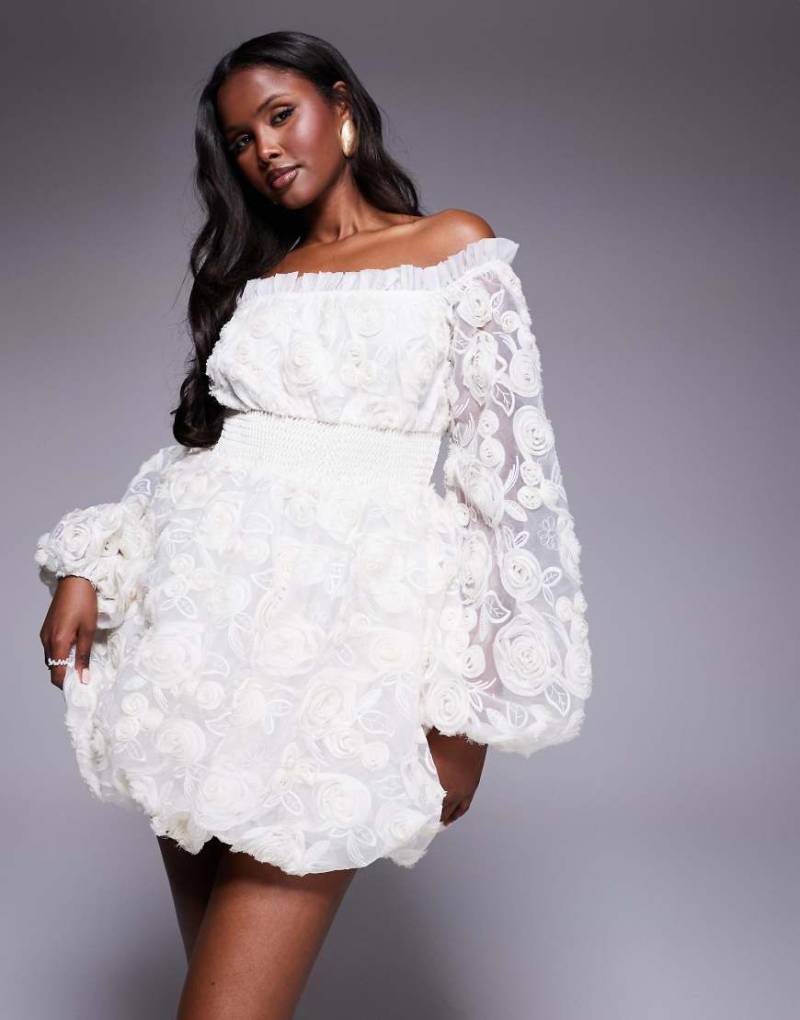 ASOS LUXE - Minikleid in Weiß mit aufgestickter 3D-Blumenstruktur und Ballonsaum von ASOS LUXE