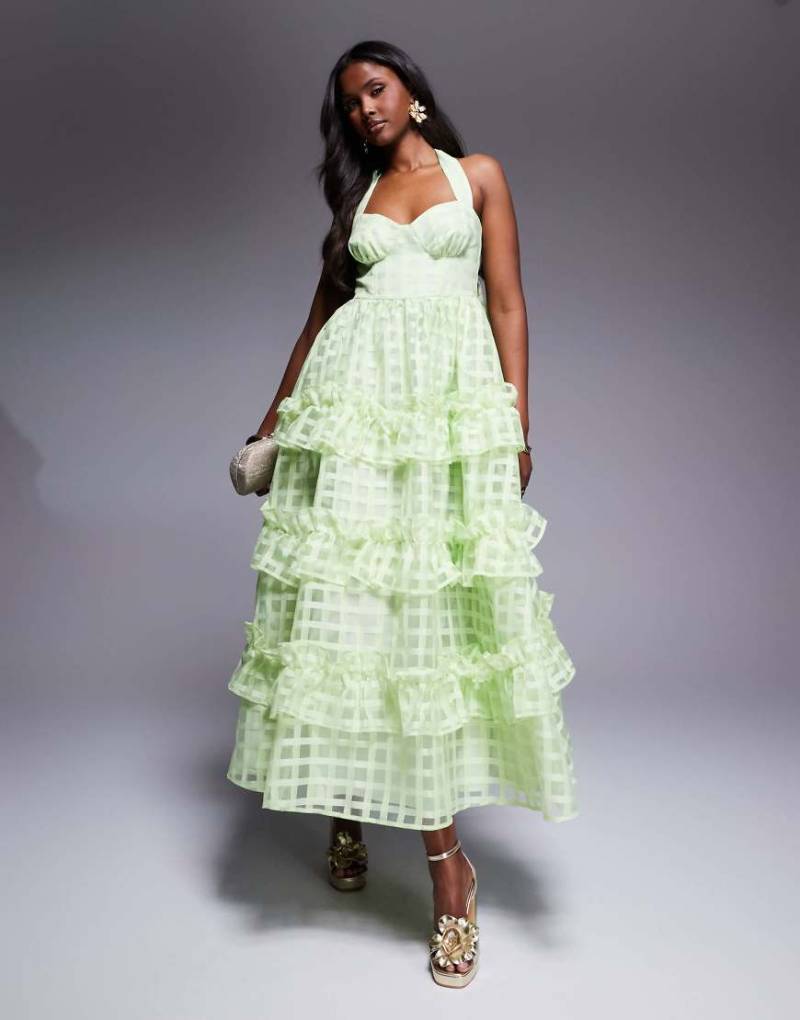 ASOS LUXE - Neckholder-Maxikleid aus kariertem Organza in leuchtendem Grün von ASOS Luxe