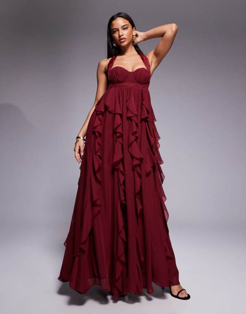 ASOS LUXE - Neckholder-Maxikleid in Beere mit Wasserfall-Rüschen-Rot von ASOS LUXE