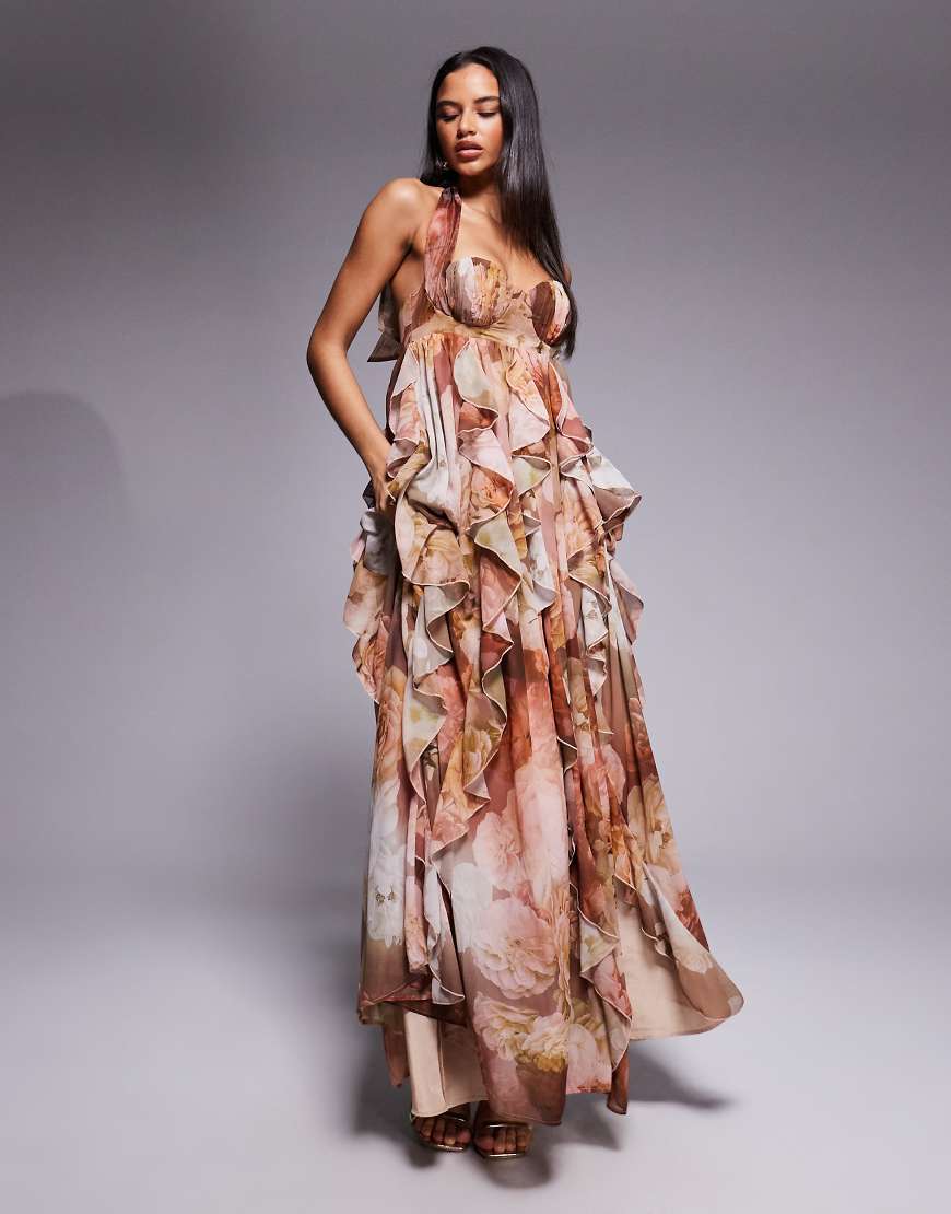 ASOS LUXE - Neckholder-Maxikleid in Braun mit Wasserfall-Rüschen und Blumenmuster-Bunt von ASOS LUXE