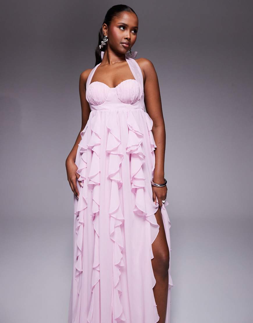 ASOS LUXE - Neckholder-Maxikleid in Flieder mit Wasserfall-Rüschen-Lila von ASOS LUXE