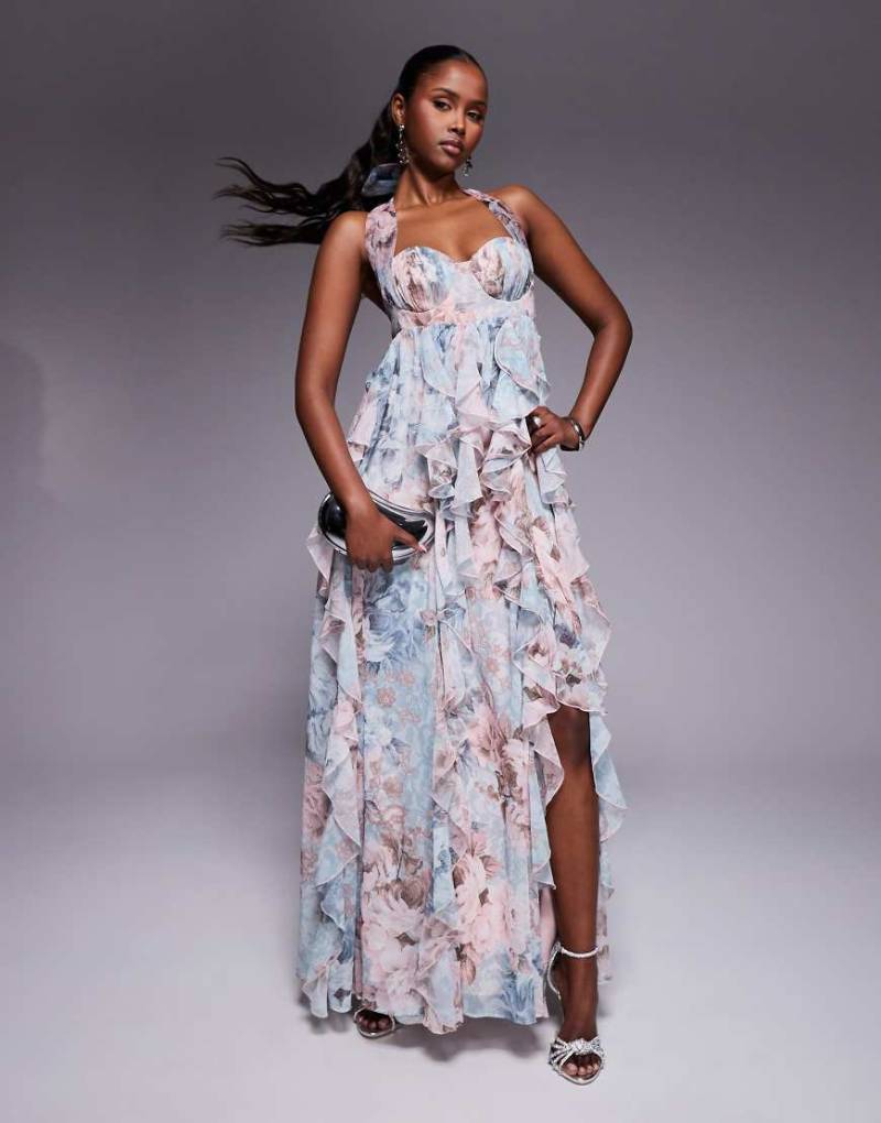 ASOS LUXE - Neckholder-Maxikleid mit Wasserfall-Rüschen aus Spitze mit Blumenmuster-Grün von ASOS LUXE