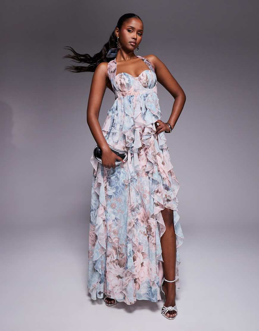 ASOS LUXE - Neckholder-Maxikleid mit Wasserfall-Rüschen aus Spitze mit Blumenmuster-Grün von ASOS LUXE