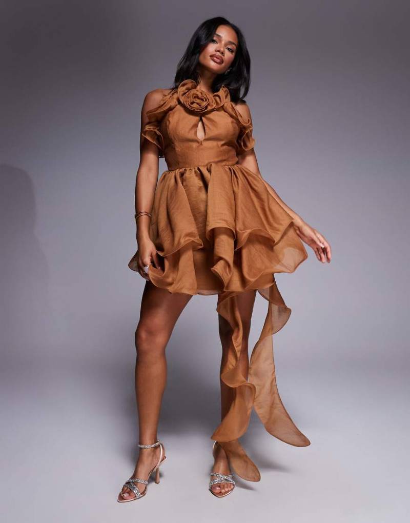 ASOS LUXE - Neckholder-Minikleid in Schokobraun aus Organza mit Rüschen, Drapierung und Ansteckblumen-Brown von ASOS Luxe