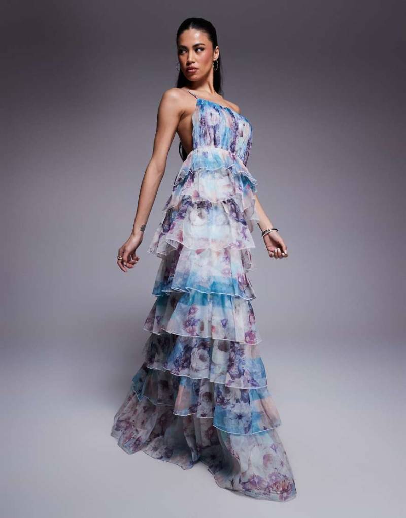 ASOS LUXE - Organza-Maxikleid mit asymmetrischen Rüschen und Blumenmuster-Bunt von ASOS Luxe