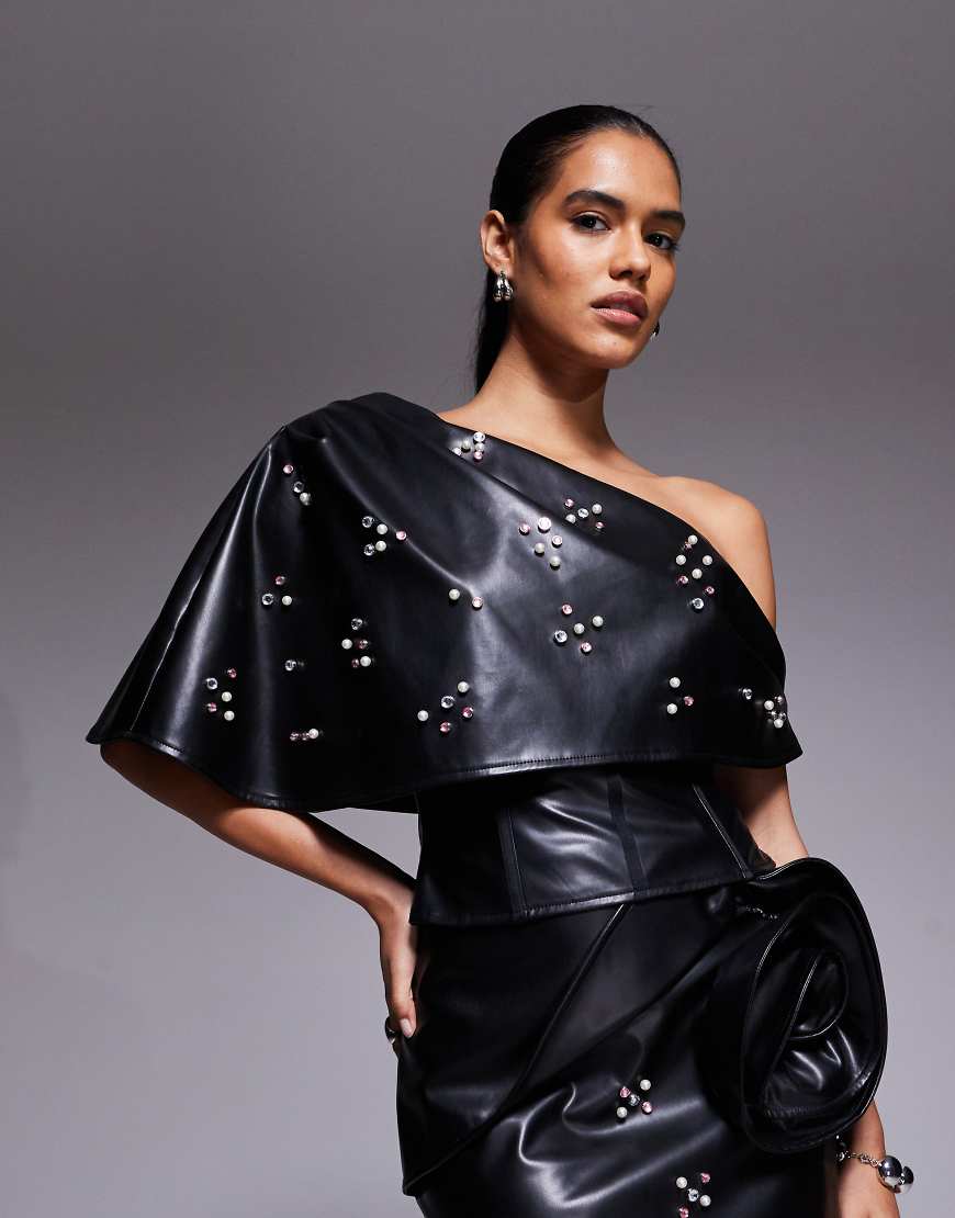 ASOS LUXE - PU-Korsett-Oberteil in Schwarz mit Verzierung und Rüschen-Overlay von ASOS LUXE