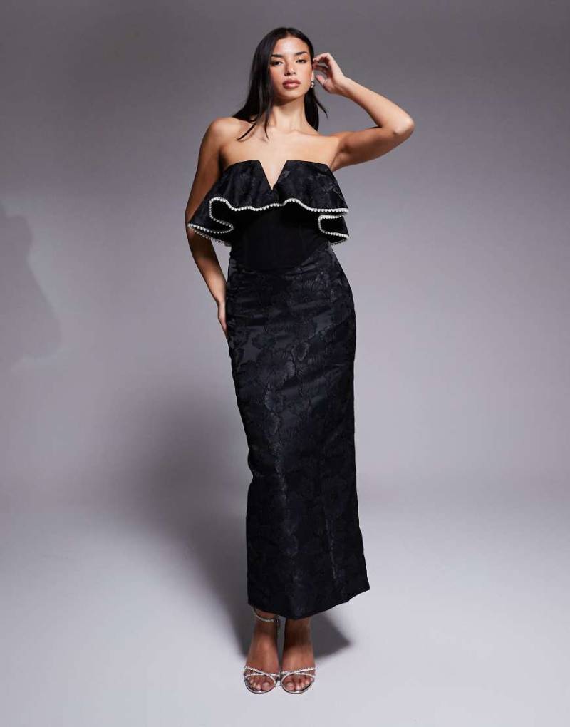 ASOS LUXE - Schulterfreies Jacquard-Maxikleid in Schwarz mit Perlenbesatz von ASOS LUXE