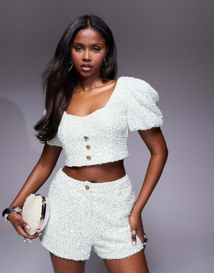 ASOS LUXE - Verziertes, strukturiertes Oberteil in Minzgrün mit Puffärmeln, Kombiteil von ASOS LUXE