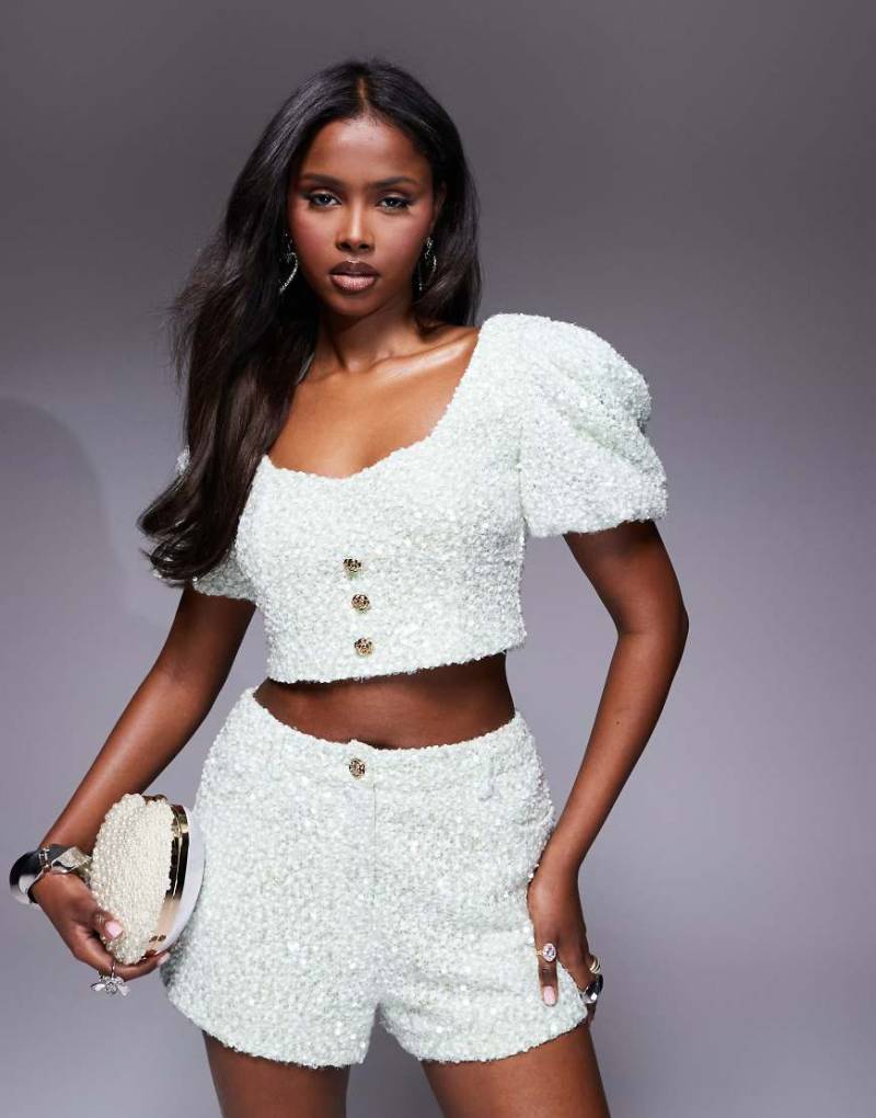 ASOS LUXE - Verziertes, strukturiertes Oberteil in Minzgrün mit Puffärmeln, Kombiteil von ASOS LUXE
