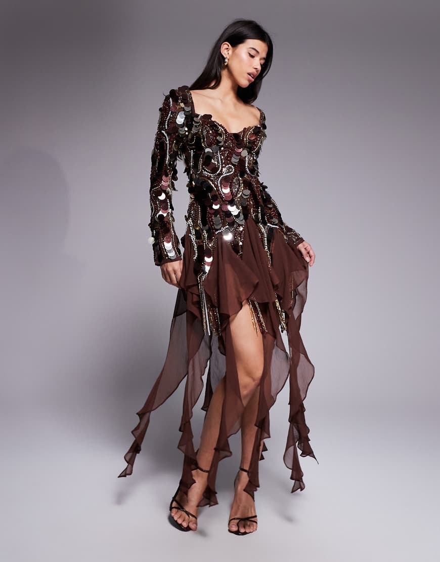 ASOS LUXE - Verziertes Minikleid in Braun mit Chiffonbesatz-Brown von ASOS LUXE
