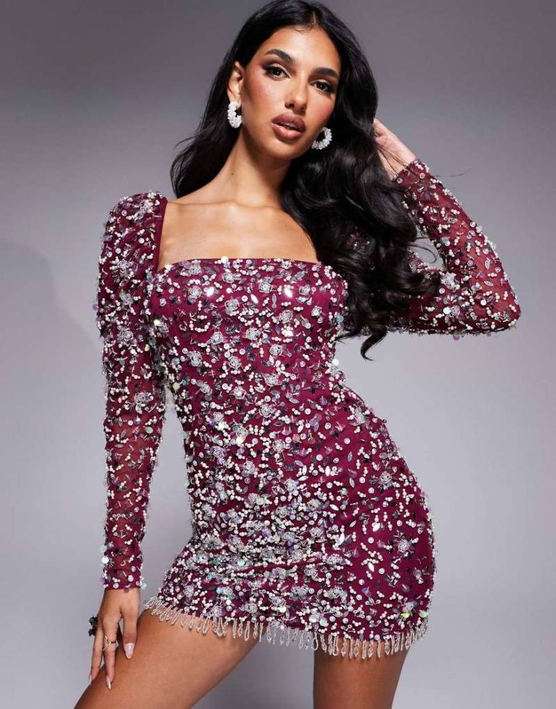 ASOS LUXE - Verziertes Minikleid in Burgunderrot mit langen Puffärmeln von ASOS LUXE