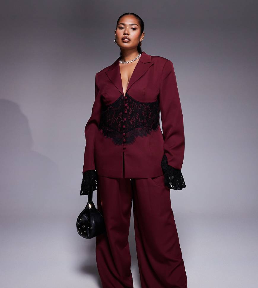 ASOS LUXE Curve - Elegante Hose mit weitem Bein in dunklem Kirschrot, Kombiteil von ASOS Luxe