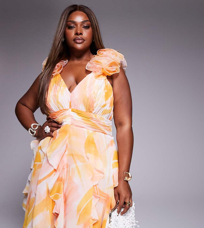 ASOS LUXE Curve - Gerafftes Minikleid aus Organza in Apricot mit Print-Orange von ASOS Luxe