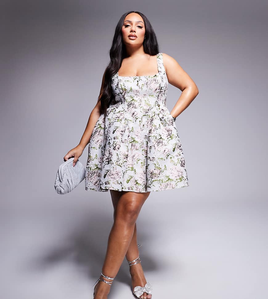 ASOS LUXE Curve - Kurzes Skater-Kleid aus Jacquard mit Vintage-Blumenmuster, betonter Taille und Rückenschleifen-Bunt von ASOS Luxe