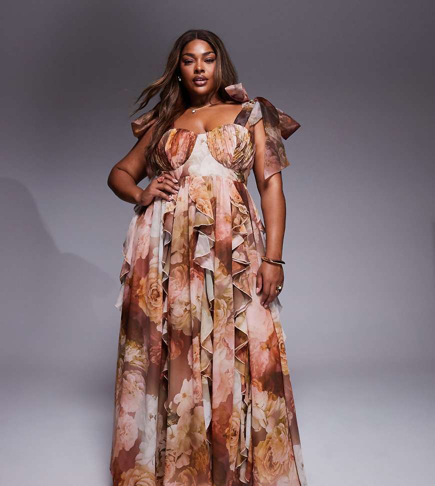 ASOS LUXE Curve - Maxikleid in Braun mit Blumenmuster, Wasserfall-Rüschen und gebundenen Trägern-Bunt von ASOS Luxe