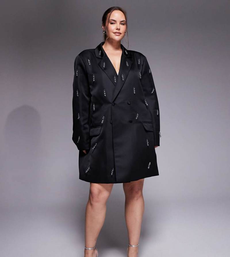 ASOS LUXE Curve - Oversize-Blazerkleid in Schwarz mit Perlenfransen von ASOS Luxe