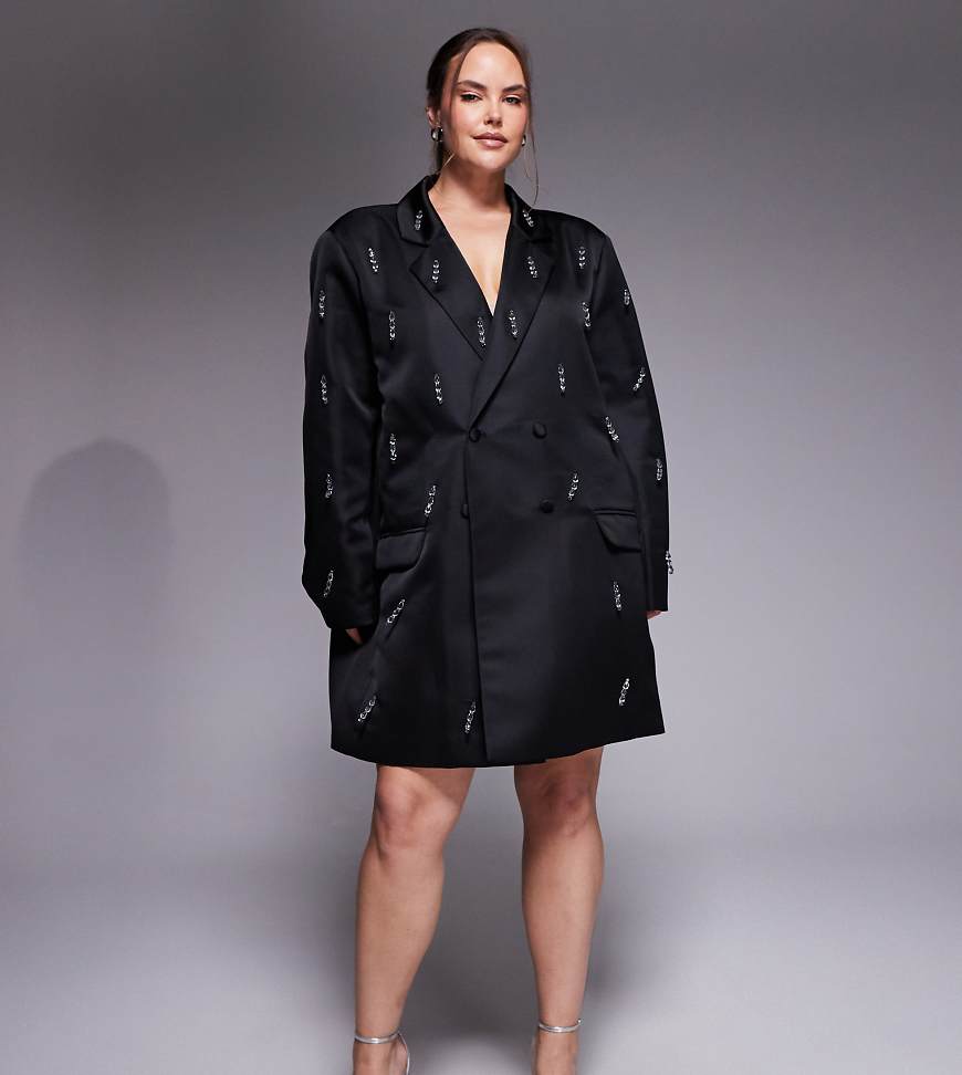 ASOS LUXE Curve - Oversize-Blazerkleid in Schwarz mit Perlenfransen von ASOS Luxe