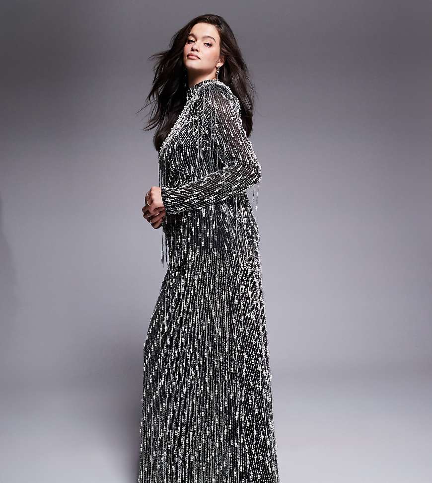 ASOS LUXE Curve - Verziertes Maxikleid in Schwarz mit hängenden Perlendetails von ASOS LUXE