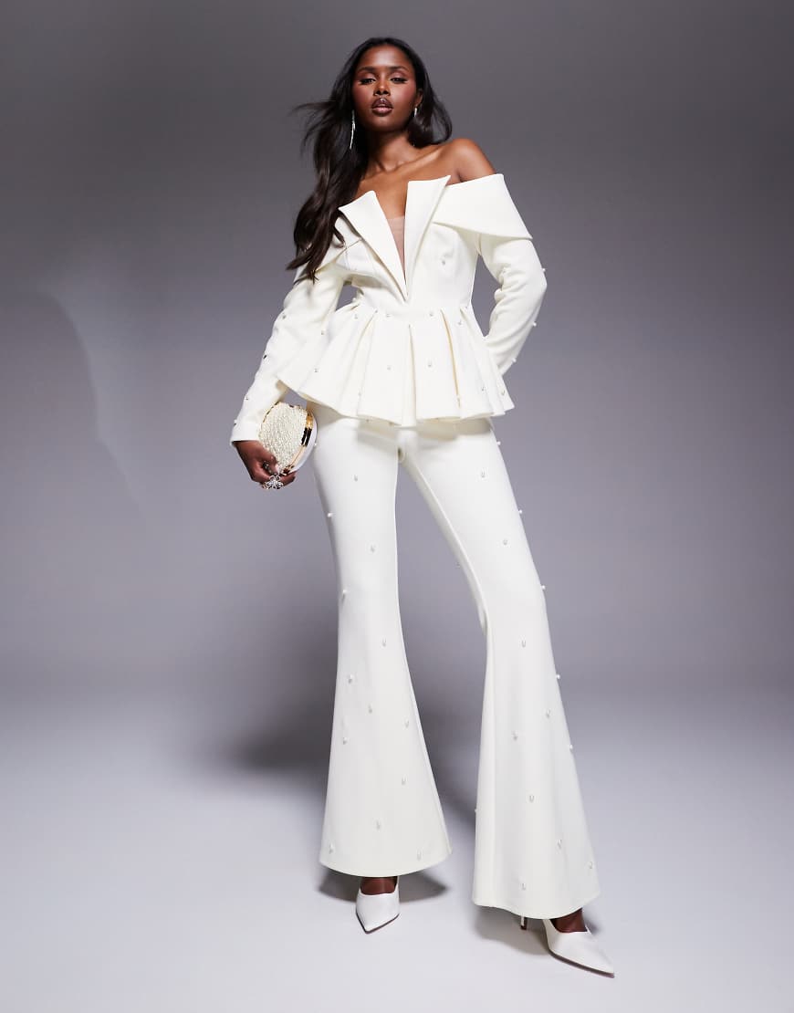 ASOS LUXE - Elegante Hose in Creme mit Perlenverzierung, Kombiteil-Weiß von ASOS Luxe