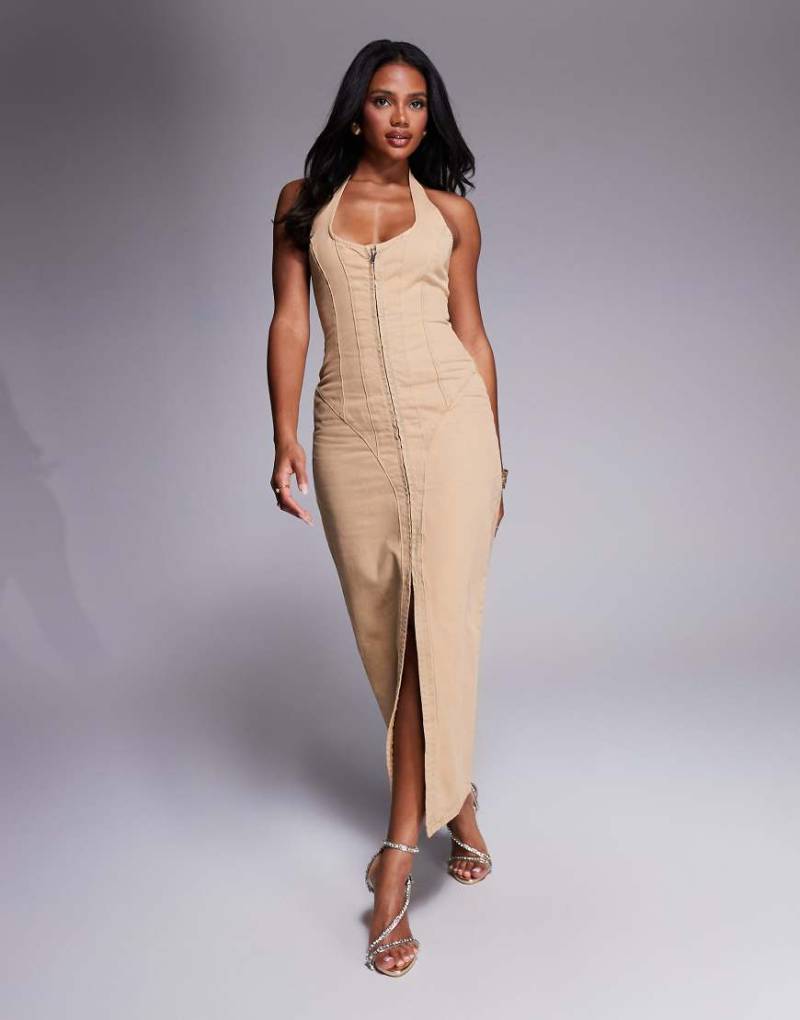 ASOS LUXE - Figurbetontes Midikleid in hellbrauner Waschung mit Korsettdetail und Neckholder von ASOS Luxe
