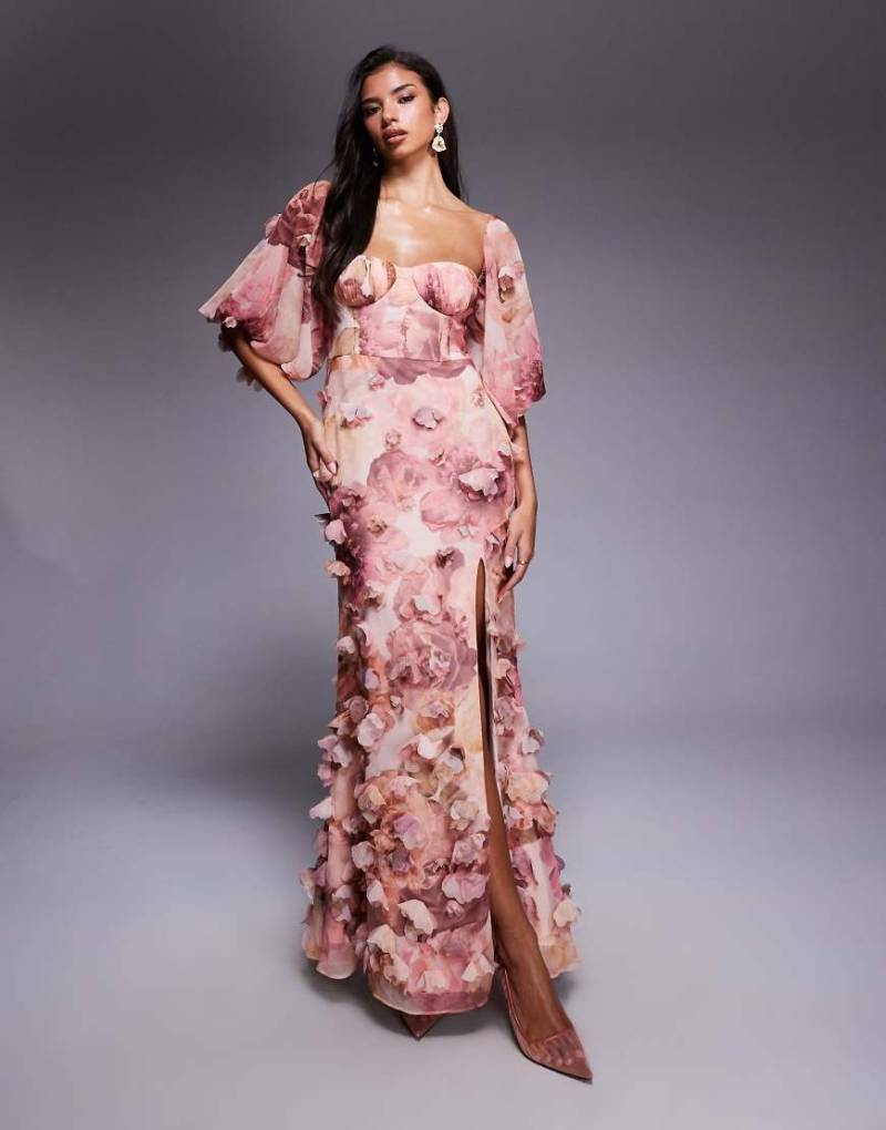 ASOS LUXE - Maxikleid mit 3D-Blumenmuster in Rosa-Bunt von ASOS Luxe