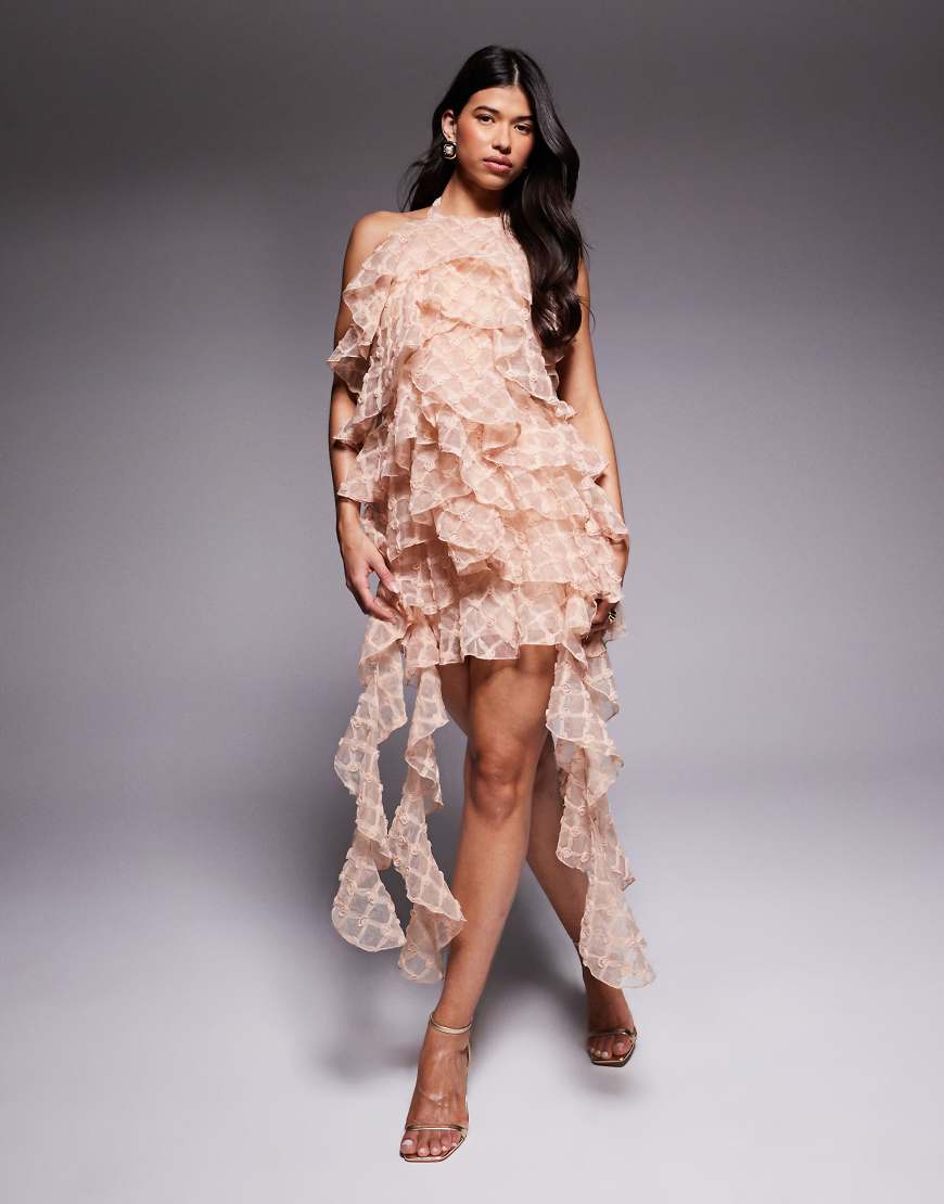 ASOS LUXE - Neckholder-Minikleid in Rosa mit Rüschen und Rosenmuster von ASOS Luxe