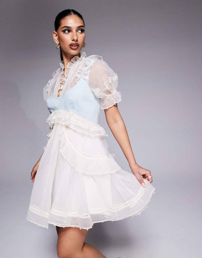 ASOS LUXE - Organza-Minikleid in Creme mit Perlenverzierung und Einsatz an der Brust-Weiß von ASOS Luxe