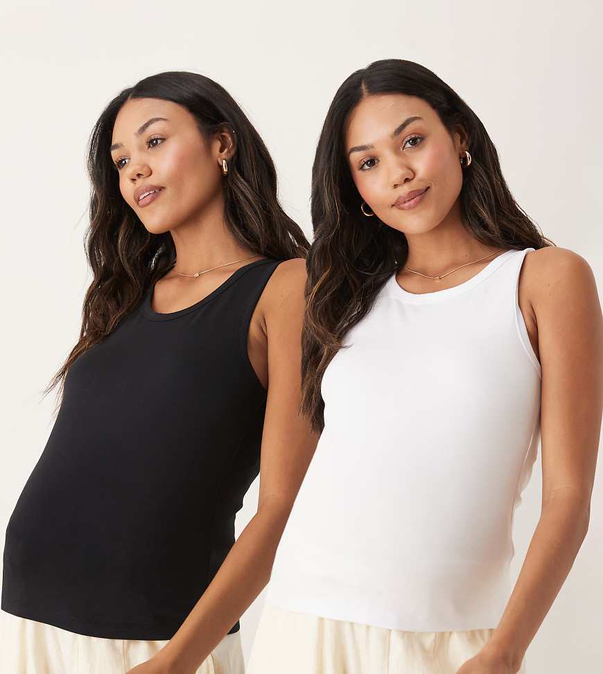 ASOS DESIGN Maternity - 2er-Pack Trägertops in Schwarz und Weiß mit Ringerücken-Bunt von ASOS Maternity