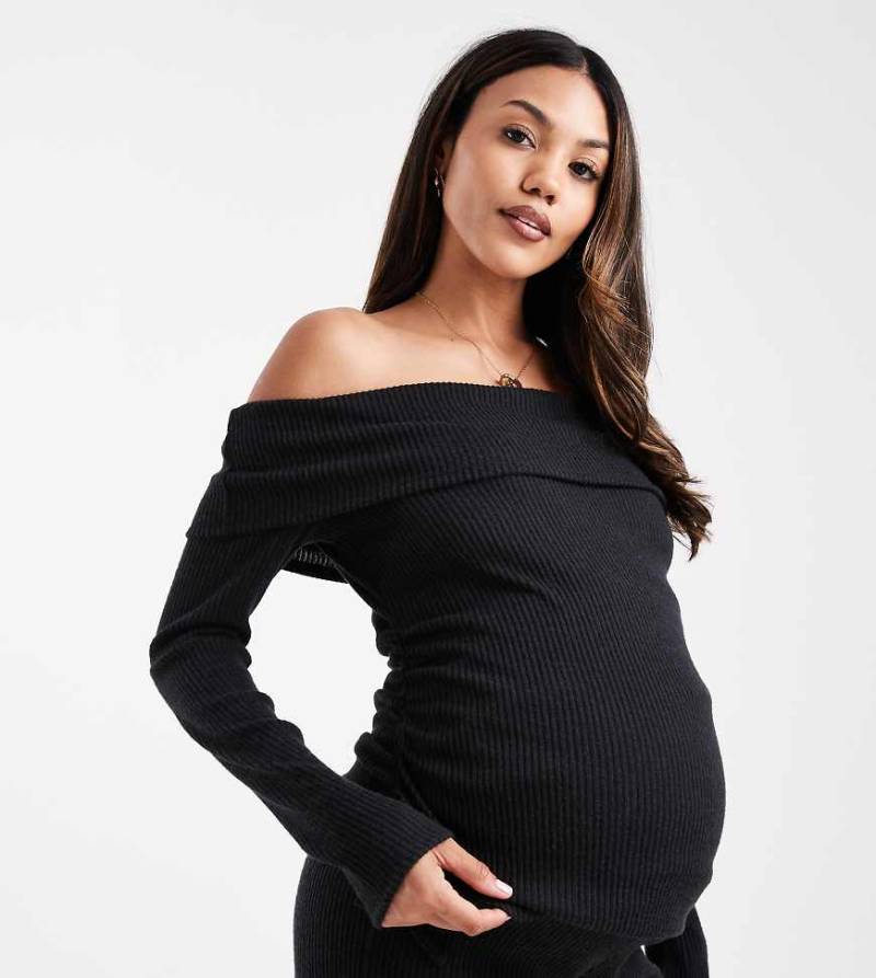 ASOS DESIGN Maternity - Langärmeliges, geripptes Bardot-Top in Schwarz, Kombiteil, Umstandsmode von ASOS Maternity