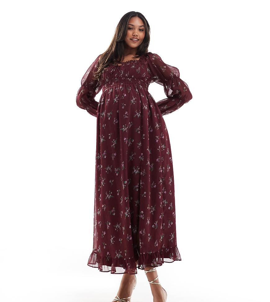 ASOS DESIGN Maternity - Langärmliges Milchmädchen-Midikleid in Burgunderrot mit Blumenmuster und gesmokter Taille-Bunt von ASOS Maternity
