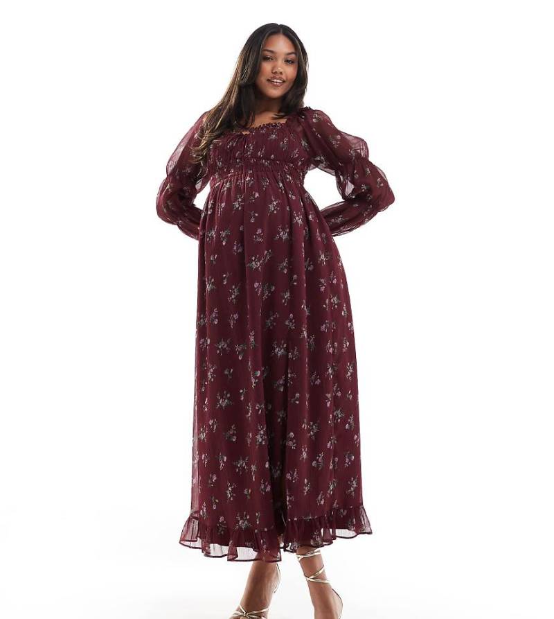 ASOS DESIGN Maternity - Langärmliges Milchmädchen-Midikleid in Burgunderrot mit Blumenmuster und gesmokter Taille-Bunt von ASOS Maternity