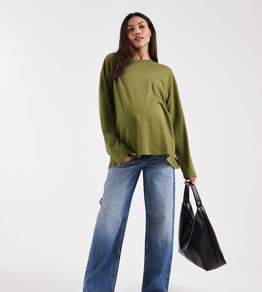 ASOS DESIGN Maternity - Langärmliges T-Shirt in Khaki, Umstandsmode-Schwarz von ASOS Maternity