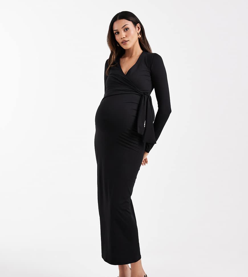 ASOS DESIGN Maternity - Maxikleid in Schwarz mit Wickel-Strickjacke und Bindedetail, Umstandsmode von ASOS Maternity