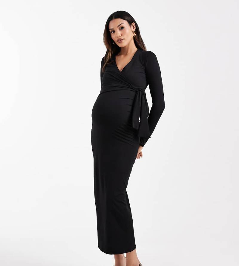 ASOS DESIGN Maternity - Maxikleid in Schwarz mit Wickel-Strickjacke und Bindedetail, Umstandsmode von ASOS Maternity