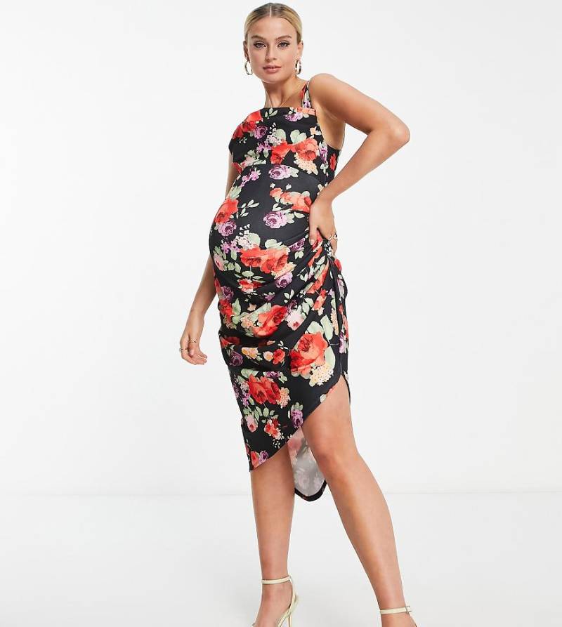 ASOS DESIGN Maternity - Midi-Bleistiftkleid mit Blumenmuster und Wasserfallausschnitt-Bunt von ASOS Maternity