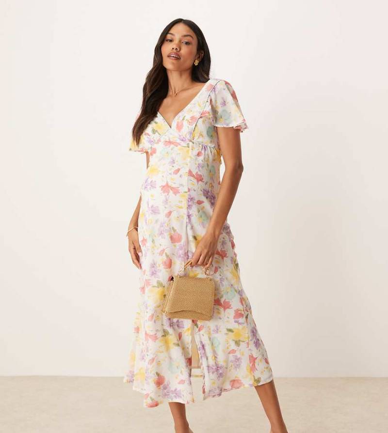 ASOS DESIGN Maternity - Midi-Freizeitkleid mit pastellfarbenem Blumenmuster und Ziernaht-Bunt von ASOS Maternity