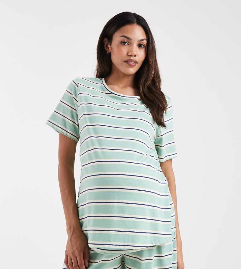 ASOS DESIGN Maternity - Mix & Match - Gestreifte Pyjama-Shorts in Salbeigrün und Blau mit Boxer-Design von ASOS Maternity