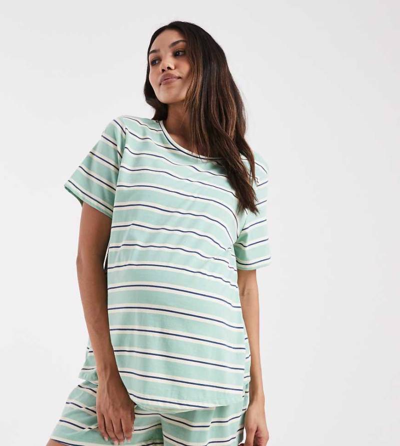 ASOS DESIGN Maternity - Mix & Match - Pyjama-T-Shirt mit Streifen in Salbeigrün und Blau von ASOS Maternity