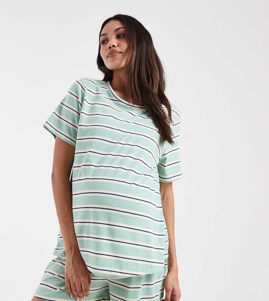 ASOS DESIGN Maternity - Mix & Match - Pyjama-T-Shirt mit Streifen in Salbeigrün und Blau von ASOS Maternity