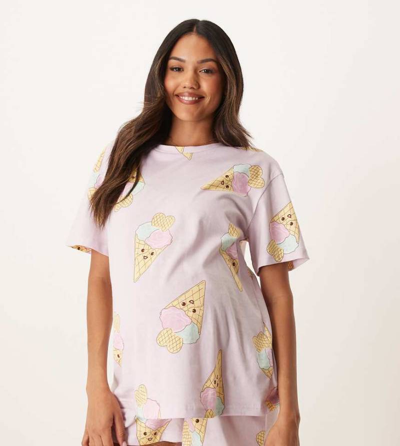ASOS DESIGN Maternity - Oversize-Set in Flieder mit Eiscreme-Print bestehend aus T-Shirt und Shorts-Bunt von ASOS Maternity
