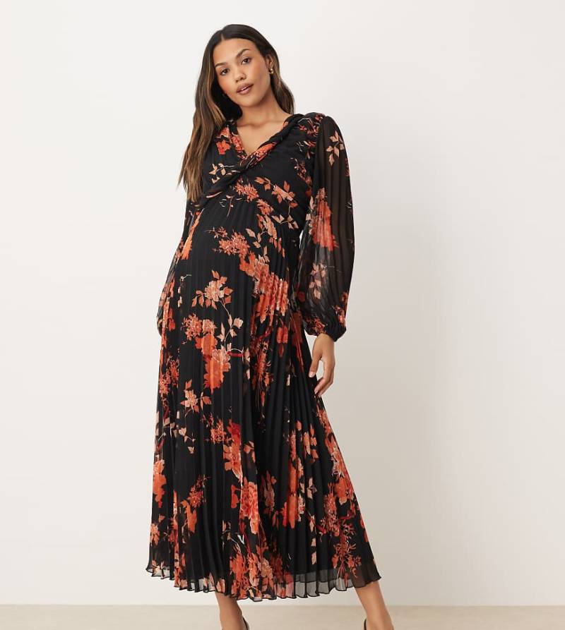 ASOS DESIGN Maternity - Plissiertes Midi-Wickelkleid in Schwarz mit Blumenmuster, Umstandsmode-Bunt von ASOS Maternity